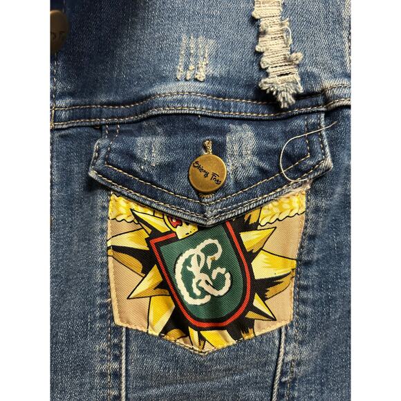 Biba Stunning Distressed Denim Jacket with Gold Crest Patches, Size S - Picture 4 of 10